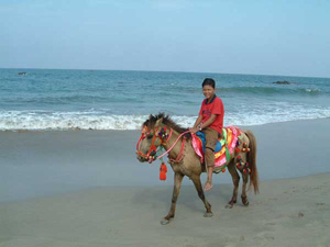 グウェサウン・ビーチで乗馬を楽しむ子供
